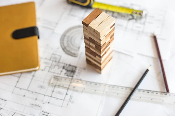 Blueprint Wooden Block Tower Planning Risk Strategy Business Architectural Project — Stock Photo, Image