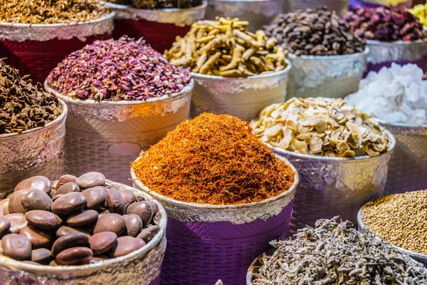 Variety Spices Herbs Arab Street Market Stall Dubai Spice Souk — Stock Photo, Image