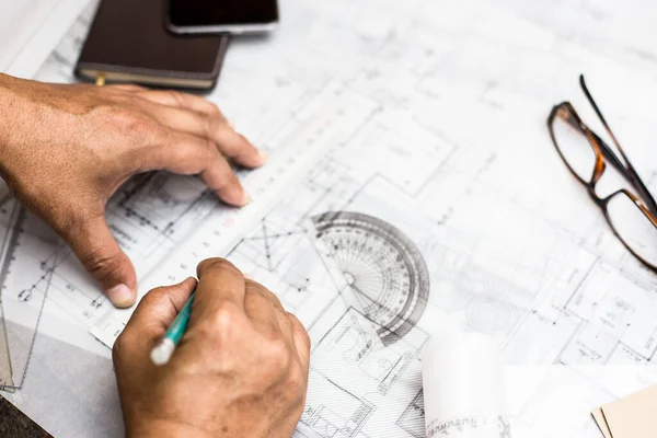 Close Person Hand Drawing Plan Blue Print Architect Equipment — Stock Photo, Image