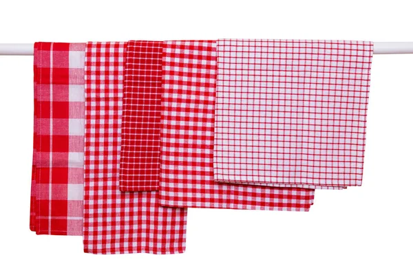 Hängende Handtücher Isoliert Nahaufnahme Von Verschiedenen Rot Karierten Küchentüchern Hängen — Stockfoto