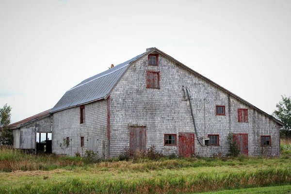 Granero Gris Madera Vieja Con Puertas Rojas Campo Rural — Foto de Stock