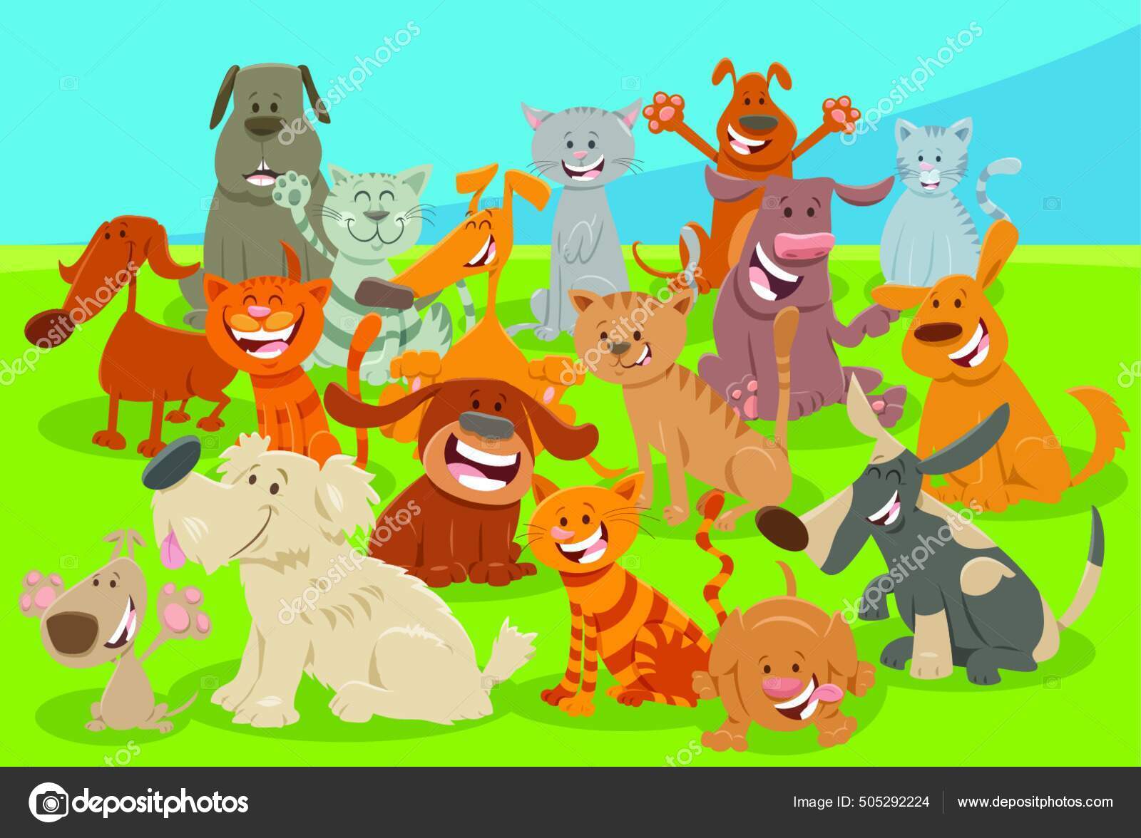 Desenhos Animados Ilustração Cães Gatos Quadrinhos Engraçado Grupo  Personagens Animais imagem vetorial de PantherMediaSeller© 505292224