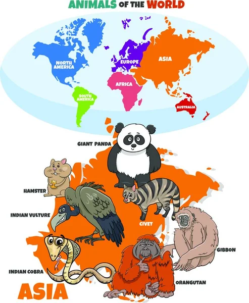 Dibujos Animados Educativos Ilustración Animales Asiáticos Mapa Del Mundo Con — Vector de stock