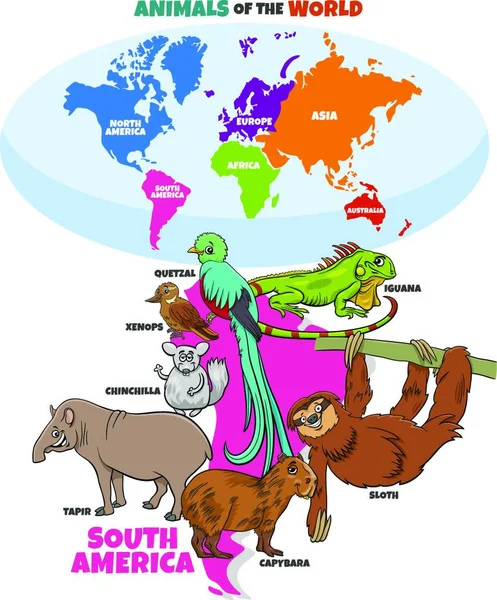 Undervisningstegneserie Illustration Sydamerikanske Dyr Verdenskort Med Kontinenter – Stock-vektor