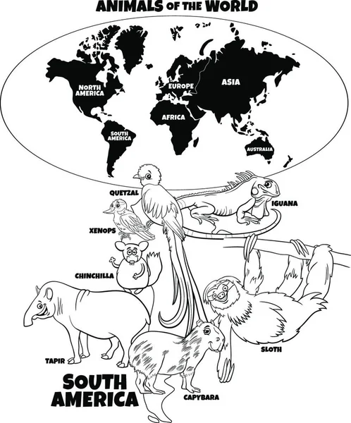 Black White Educational Cartoon Illustration South American Animals World Map — Stock Vector