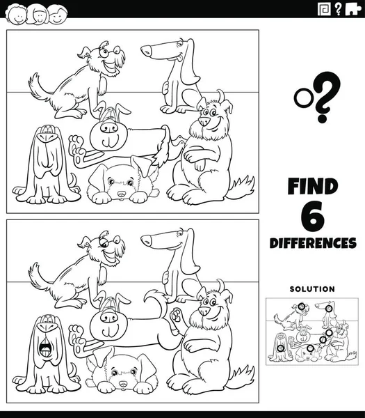 黑白相间的卡通画图解揭示了带着滑稽狗和小狗的孩子们的图解教育游戏在书页上的差异 — 图库矢量图片