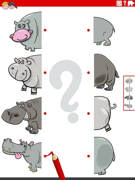 Cartoon Illustration Educational Game Matching Halves Pictures Funny Hippopotamus Animal —  Vetores de Stock