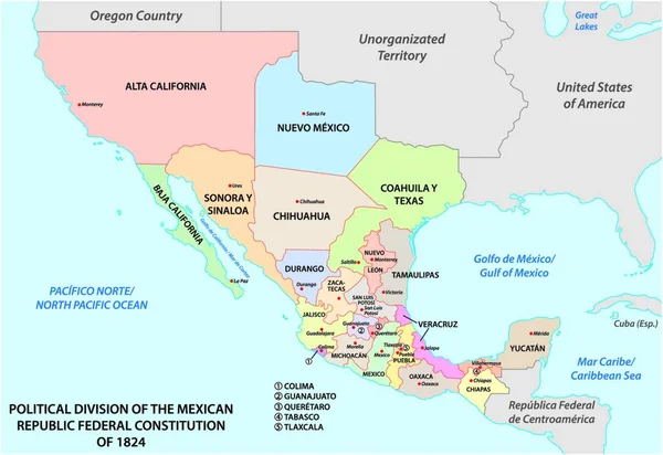 Divisão Política República Mexicana Constituição Federal 1824 —  Vetores de Stock