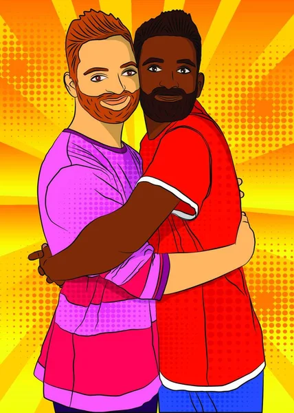 Mixte Jeune Couple Gay Masculin Serrant Dans Ses Bras Illustration — Image vectorielle