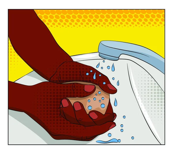 Siyah Afrikalı Elini Sabunla Yıkıyor Renkli Arkaplanı Olan Çizgi Roman — Stok Vektör