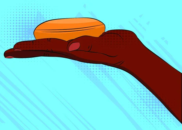 拿着肥皂的非洲黑人具有彩色背景的漫画书风格插图 用肥皂洗手 卫生概念 — 图库矢量图片
