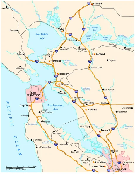 Vektorová Mapa Kalifornie San Francisco Bay Area — Stockový vektor