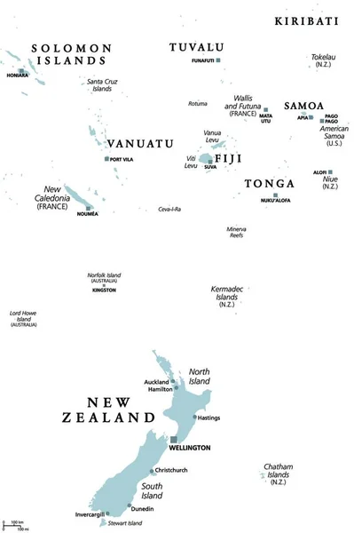 Neuseeland Und Südpolynesien Graue Politische Landkarte Mit Hauptstädten Salomonen Vanuatu — Stockvektor