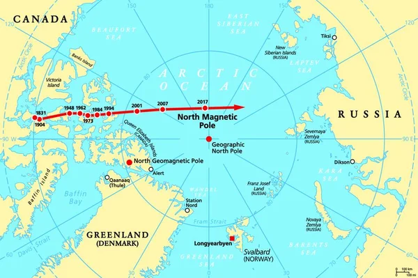 Rörelse Nordmagnetiska Polen Politisk Karta Magnetiska Nordpolen Jorden Rör Sig — Stock vektor