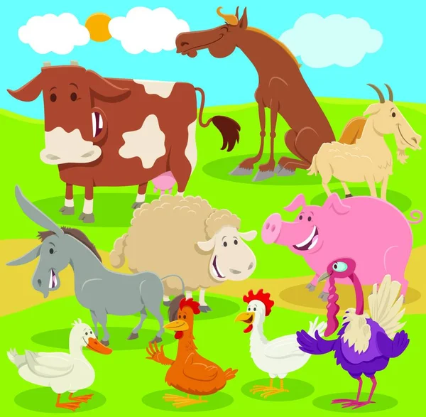 Desenhos Animados Ilustração Engraçado Grupo Personagens Animais Fazenda Campo — Vetor de Stock
