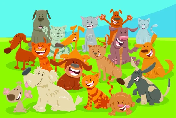 Zeichentrick Illustration Von Komischen Hunden Und Katzen Lustige Tierfiguren Gruppe — Stockvektor