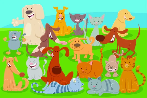 Zeichentrick Illustration Von Comic Katzen Und Hunden Comic Tierfiguren Gruppe — Stockvektor