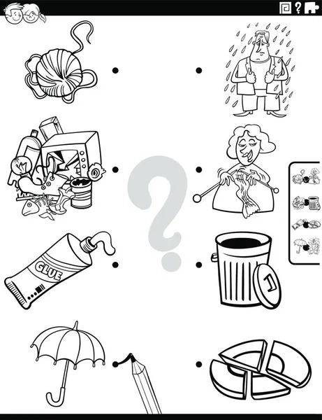 Black White Cartoon Illustration Educational Matching Game Children Objects Characters — Vector de stock