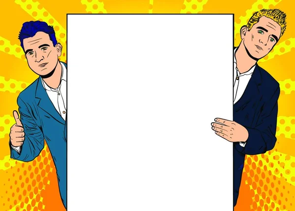 两个英俊的商人后面的大空横幅与复制空间 带有黄色背景的漫画书风格矢量插图 — 图库矢量图片