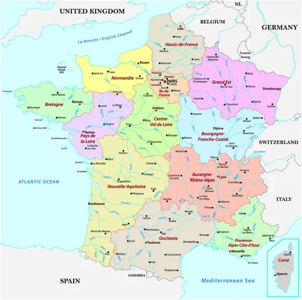 Mapa Vectorial Francia Con Las Regiones Los Ríos Las Ciudades — Vector de stock