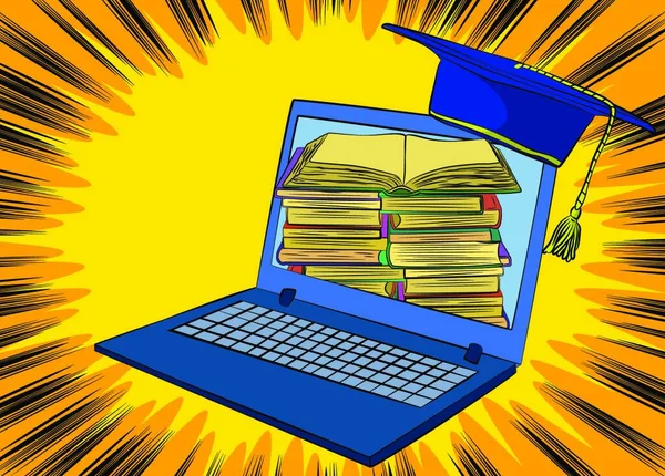 Dizüstü Bilgisayar Kitaplarla Dijital Online Eğitim Konsepti Sosyal Uzaklık Için — Stok Vektör