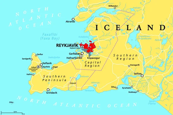 Islande Région Capitale Péninsule Sud Carte Politique Reykjavik Ses Environs — Image vectorielle