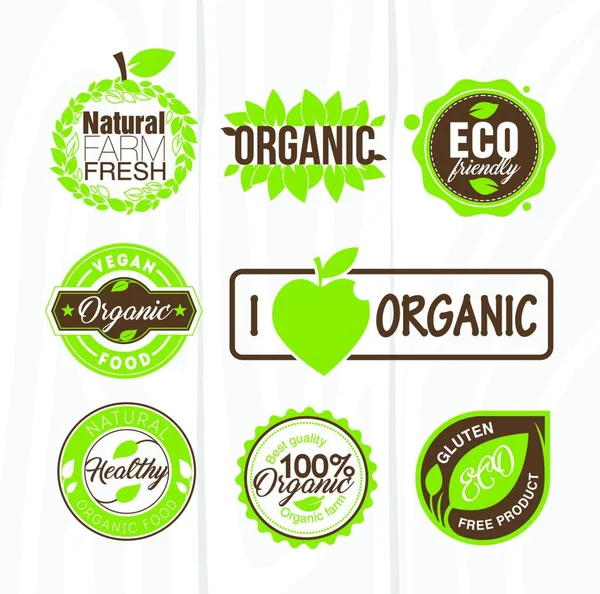 Set Etichette Con Foglie Verdi Frutta Fresca Biologica Illustrazione Vettoriale — Vettoriale Stock