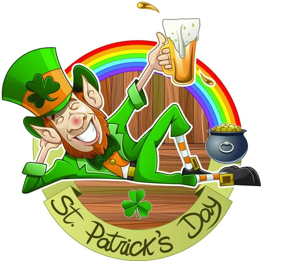 Cartoon Artwork Celebrating Patrick Day Smile Leprechaun Holds Pint Beer — Διανυσματικό Αρχείο
