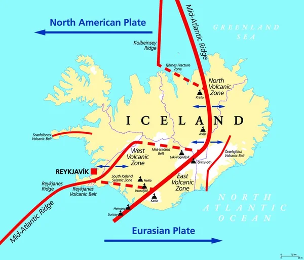 아이슬란드의 아이슬란드는 유라시아 북아메리카 사이의 경계에 지대와 산등성이 화산들이 지도입니다 — 스톡 벡터
