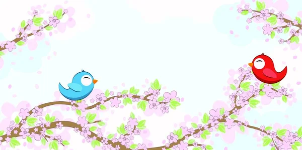 Epsベクトルファイルともに赤と青色の鳥で愛座って枝に花と緑の葉で春の時間 背景と空と光の雲 — ストックベクタ