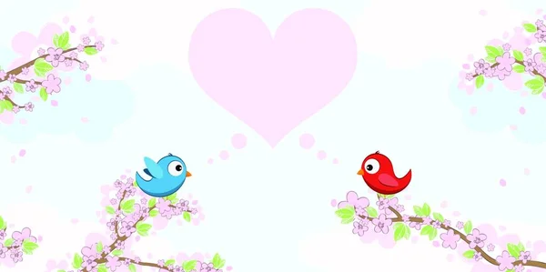 Aşıkken Kırmızı Mavi Renkli Kuşların Olduğu Vektör Dosyası Ilkbaharda Çiçekli — Stok Vektör