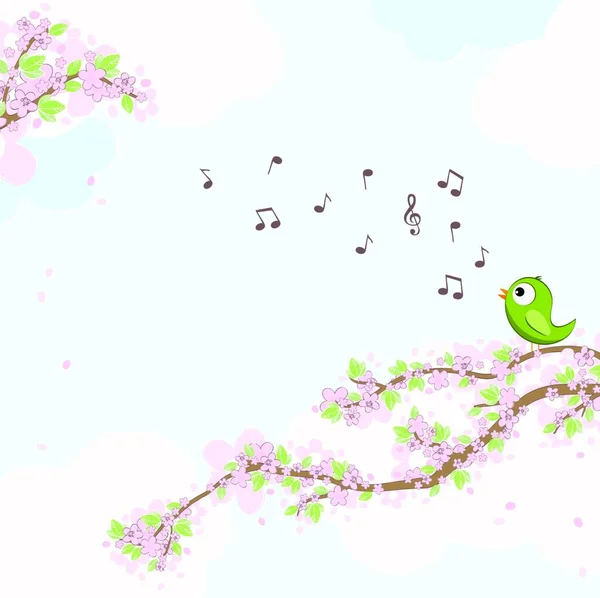 Epsベクトルファイル緑の鳥と恋に 春の時間に花と緑の葉の枝に座って 音楽ノートで歌い 空と光の雲と背景 — ストックベクタ