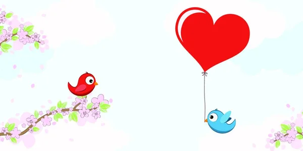 Aşıkken Kırmızı Mavi Renkli Kuşların Bulunduğu Vektör Dosyası Bahar Zamanı — Stok Vektör