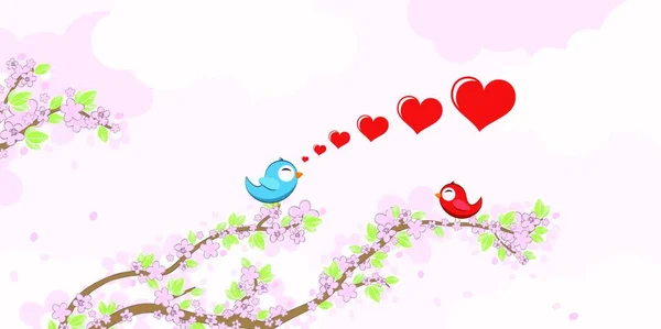 在春天里 带着红蓝相间的鸟儿 飞着坐在开着花和绿叶的树枝上 背景是天空和淡淡的云彩 — 图库矢量图片