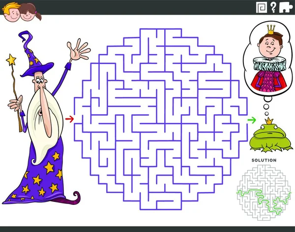 Tecknad Illustration Pedagogiska Labyrint Pusselspel För Barn Med Trollkarl Och — Stock vektor