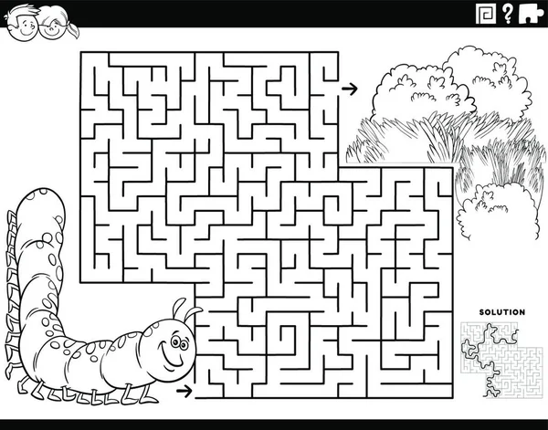 Černobílé Kreslené Ilustrace Vzdělávací Bludiště Puzzle Hra Pro Děti Housenkou — Stockový vektor