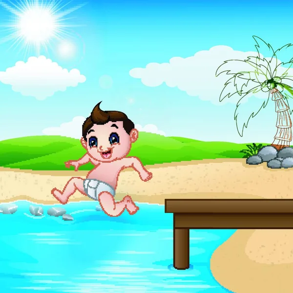 Векторная Иллюстрация Прыгающего Мальчика Воде — стоковый вектор