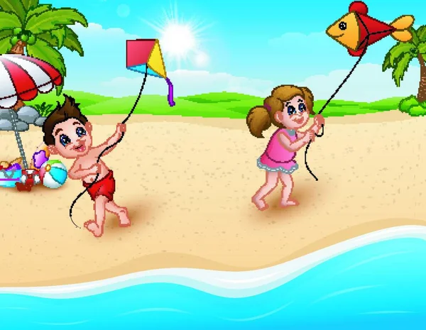 Ilustração Vetorial Crianças Brincando Pipas Praia — Vetor de Stock
