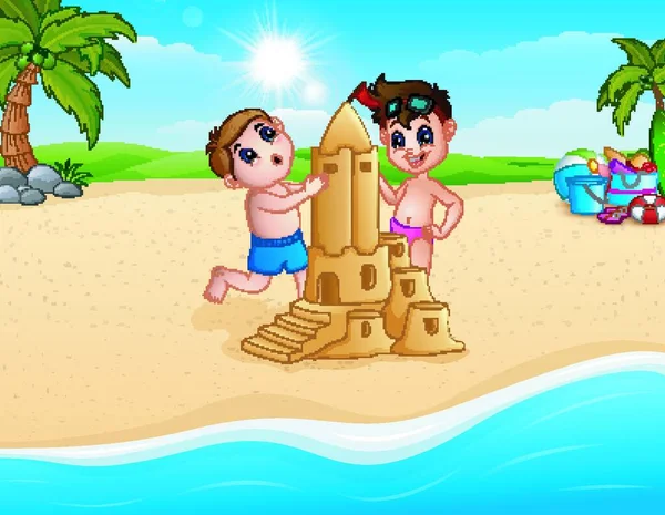 Ilustração Vetorial Dois Meninos Fazendo Castelo Areia Praia — Vetor de Stock