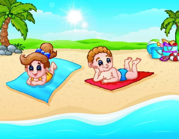 Vektor Illustration Von Kindern Beim Sonnenbaden Auf Der Strandmatte — Stockvektor