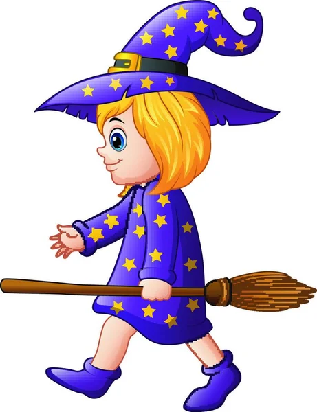 Vector Illustration Cartoon Girl Witch Broom — Stock Vector