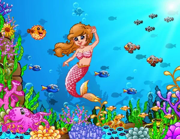 Vektor Illustration Der Karikatur Meerjungfrau Unter Wasser — Stockvektor