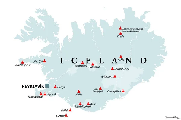 Volcans Islande Qui Ont Éclaté Depuis Établissement Humain Carte Politique — Image vectorielle