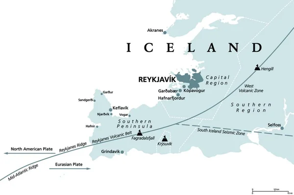Fővárosi Régió Izlandi Déli Félsziget Geológiája Szürke Politikai Térkép Reykjavik — Stock Vector