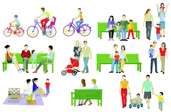 Família Com Bicicletas Bicicleta Bicicleta Outras Pessoas Conceito Vetor Ilustração —  Vetores de Stock