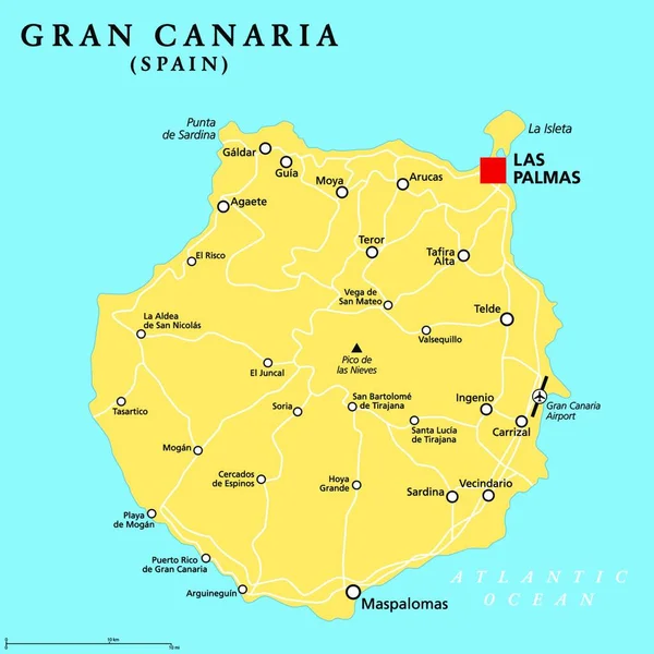 首都ラス パルマスや重要な町とグラン カナリアの政治地図 スペインの一部であるグランド カナリア島は アフリカ大西洋沿岸で2番目に人口の多いカナリア諸島である ベクトル — ストックベクタ