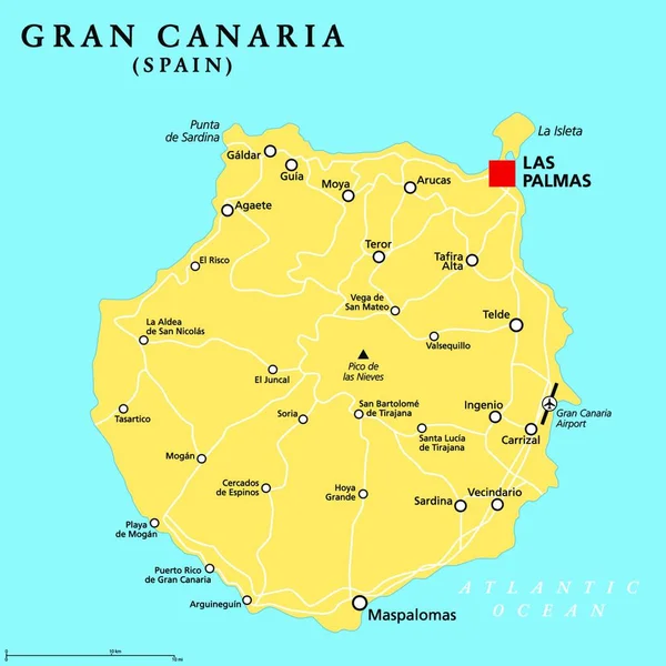 Mapa Político Gran Canaria Com Capital Las Palmas Cidades Importantes — Vetor de Stock