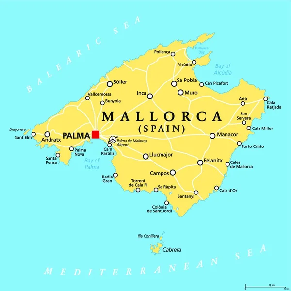 マヨルカ島の政治地図 首都パルマと重要な町と マヨルカ島 バレアレス諸島の自治体の最大の島 および地中海に位置するスペインの一部 ベクトル — ストックベクタ