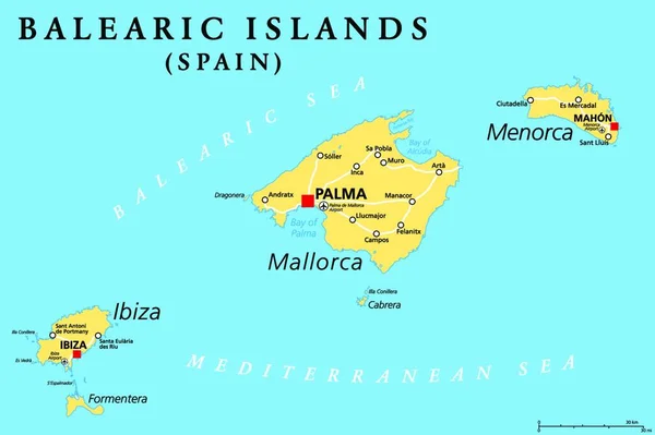 Baleárské Ostrovy Politická Mapa Hlavními Ostrovy Mallorca Ibiza Menorca Formentera — Stockový vektor