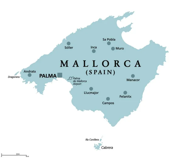 Mallorca Graue Politische Landkarte Mit Der Hauptstadt Palma Und Wichtigen — Stockvektor